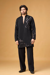 Obsidian Black Intricate Embroidered Kurta Set for Men | Mahavir NX