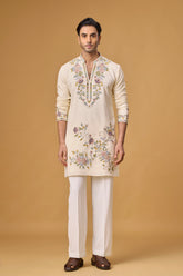 Off White Floral Heritage Embroidered Kurta Set for Men | Mahavir NX
