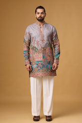 Lavender Grey Heritage Scenic Kurta Set for Men | Mahavir NX