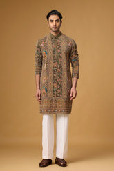 Olive Heritage Peacock Motif Kurta Set for Men | Mahavir NX