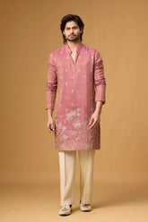 Dusty Rose Floral Garden Embroidered Kurta Set for Men | Mahavir NX