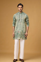 Sage Mist Botanical Embroidered Kurta Set for Men | Mahavir NX