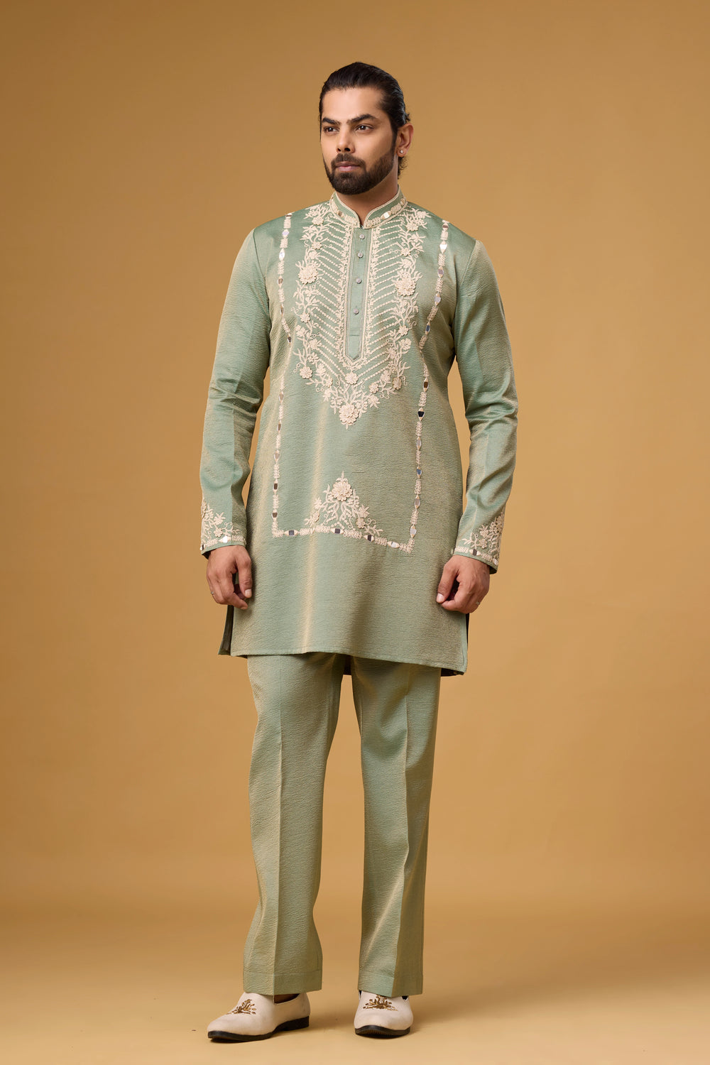 Sage Green Floral Embroidered Kurta Set for Men | Mahavir NX