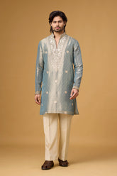 Misty Blue Floral Embroidered Kurta Set for Men | Mahavir NX
