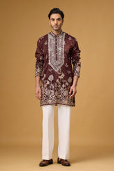 Royal Burgundy Gardenia Embroidered Kurta Set for Men | Mahavir NX
