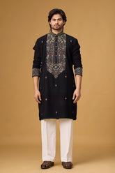 Midnight Black Heritage Embroidered Kurta Set for Men | Mahavir NX
