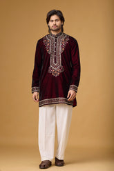 Regal Burgundy Velvet Floral Embroidered Kurta Set for Men | Mahavir NX