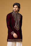 Regal Burgundy Velvet Floral Embroidered Kurta Set