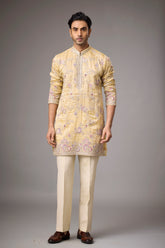 Champagne Gold Floral Embroidered Kurta Set for Men | Mahavir NX