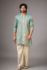 Sage Teal Floral Embroidered Kurta Set for Men | Mahavir NX