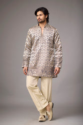 Champagne Geometric Heritage Embroidered Kurta Set for Men | Mahavir NX