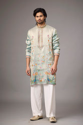 Mint Ivory Peacock Heritage Embroidered Kurta Set for Men | Mahavir NX