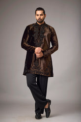 Chocolate Brown Velvet-Look Floral Embroidered Kurta Set for Men | Mahavir NX