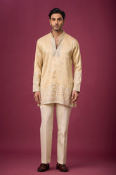Champagne Gold Floral Border Kurta Set for Men | Mahavir NX