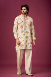 Ivory Botanical Bloom Embroidered Kurta Set for Men | Mahavir NX
