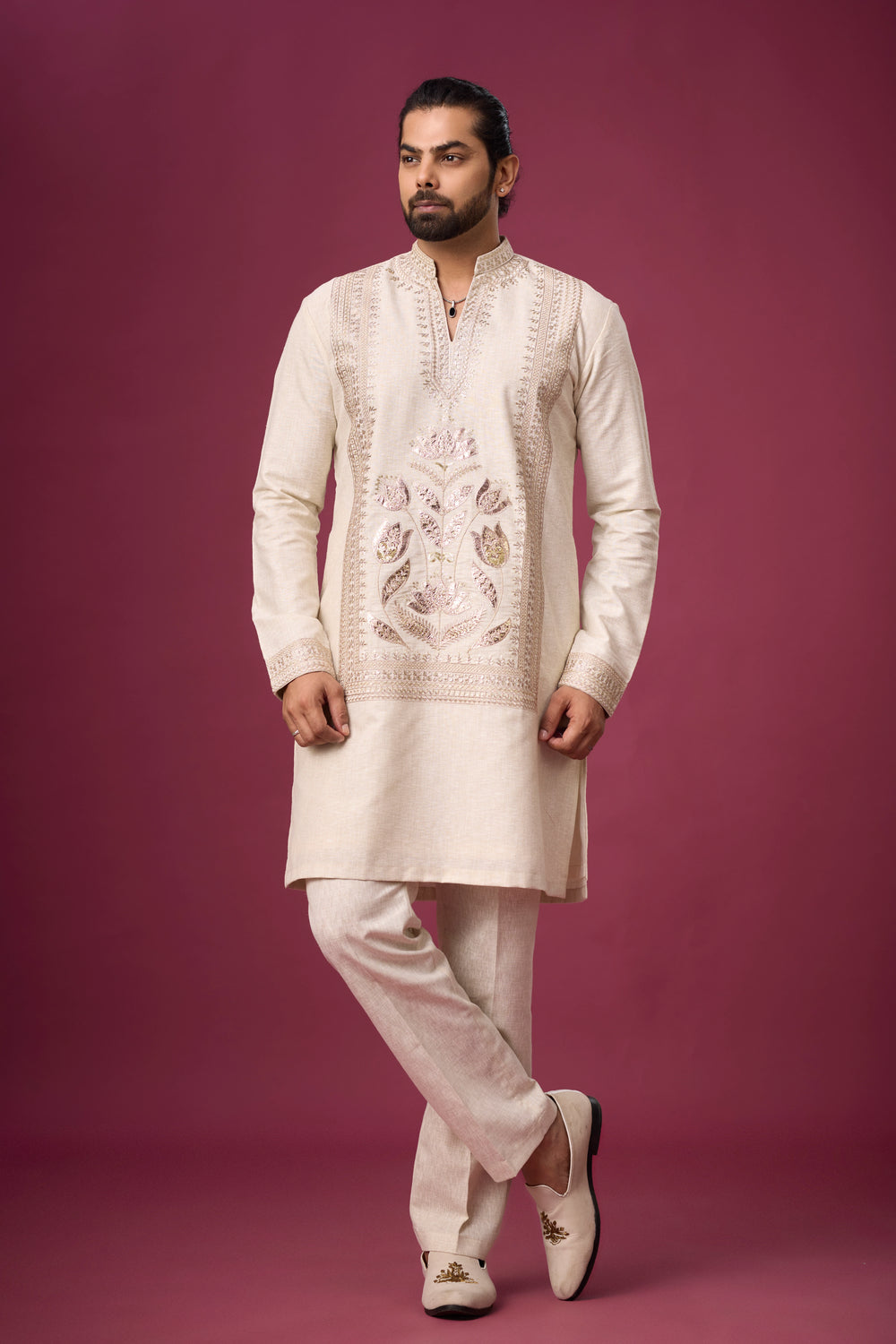 Ivory Heritage Floral Embroidered Kurta Set for Men | Mahavir NX