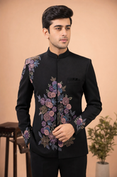 Classic Black Floral Embroidered Jodhpuri Suit for Men