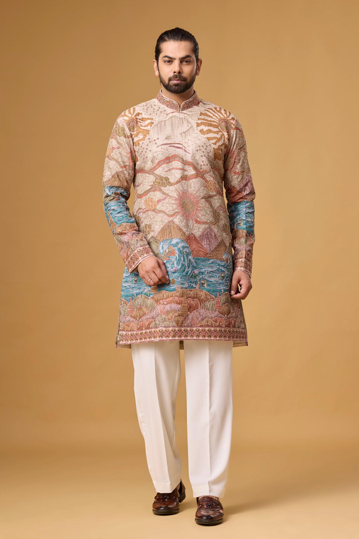 Cream Regal Scenic Patterned Kurta Set