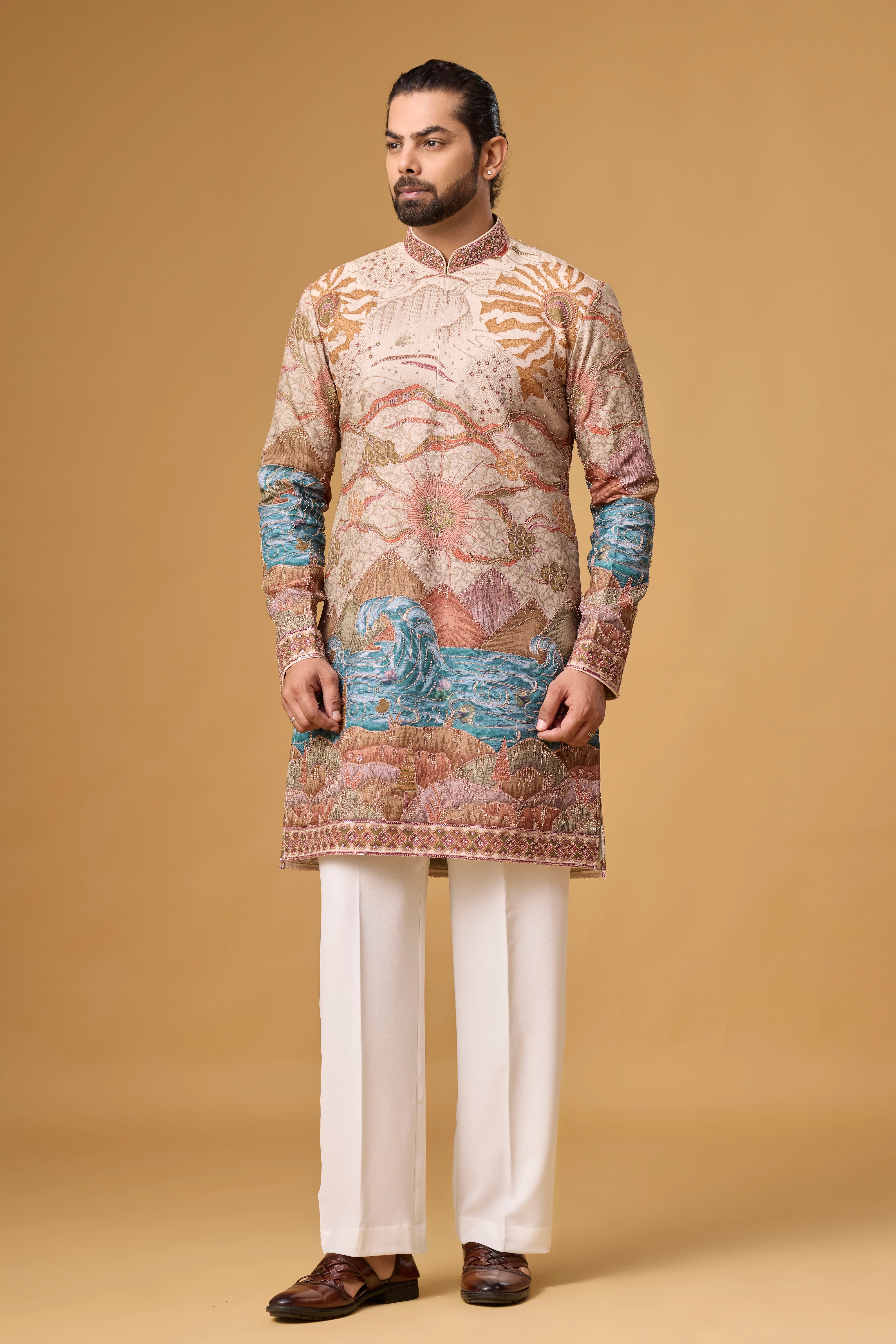 Cream Regal Scenic Patterned Kurta Set