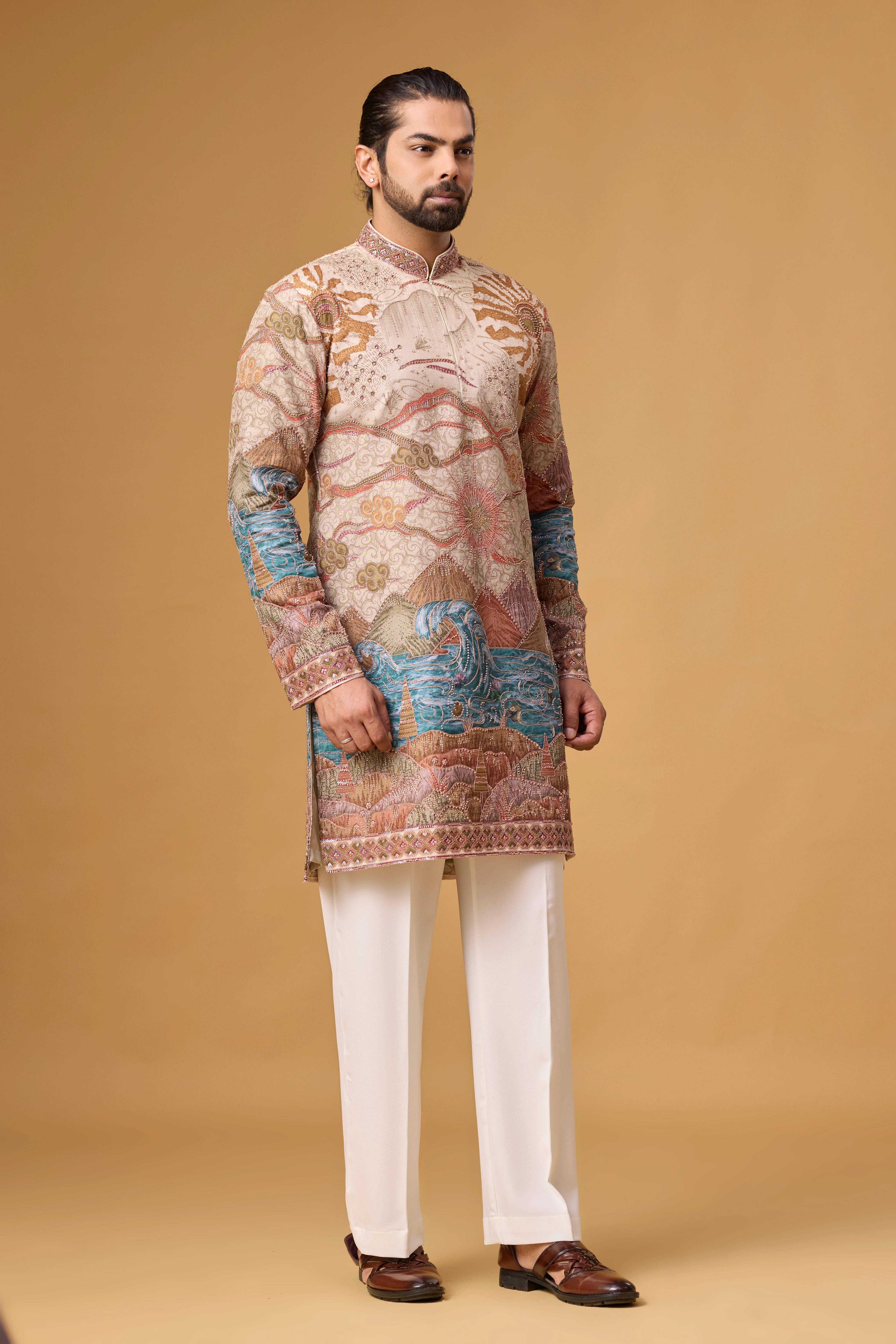 Cream Regal Scenic Patterned Kurta Set