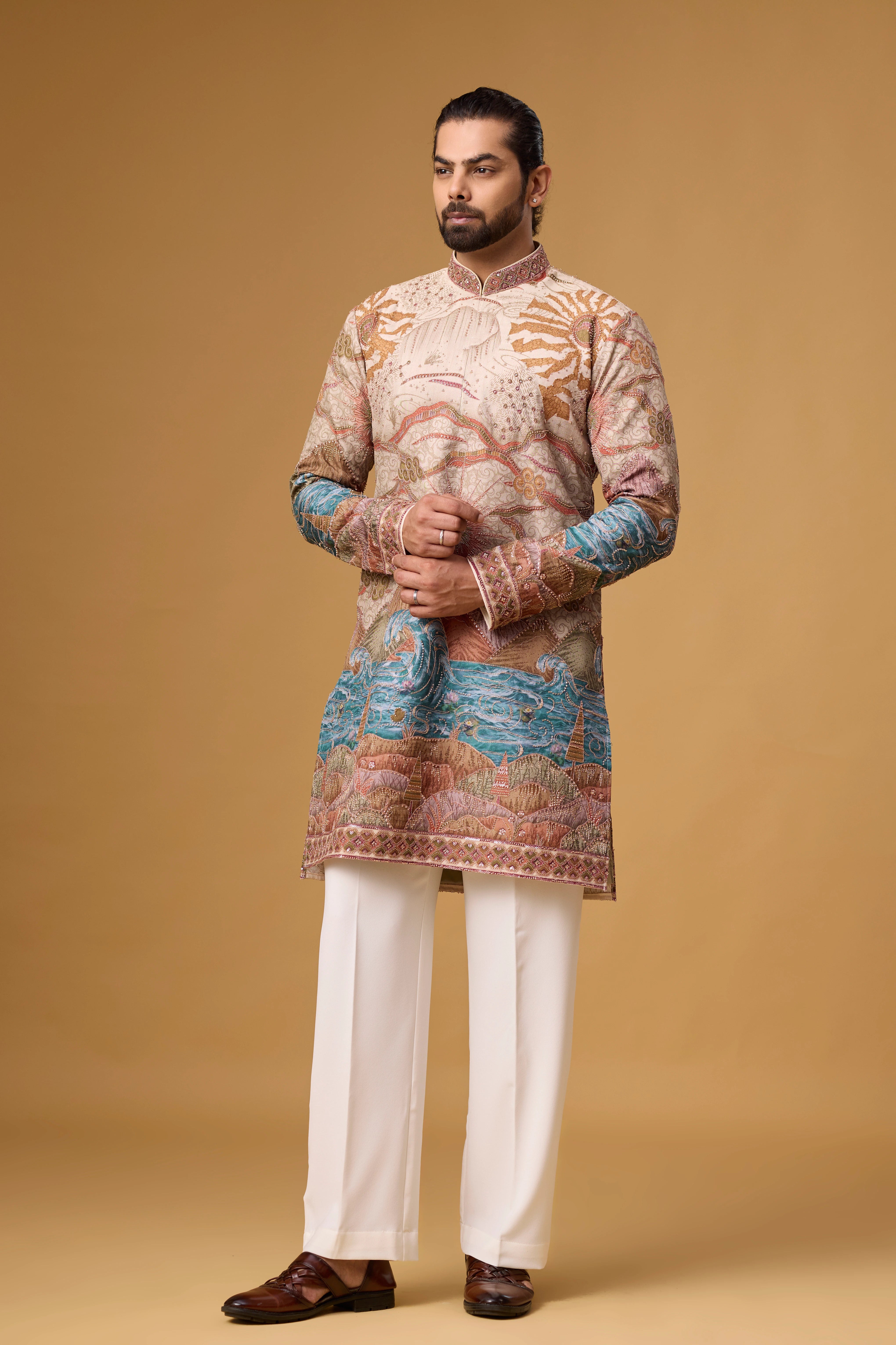 Cream Regal Scenic Patterned Kurta Set