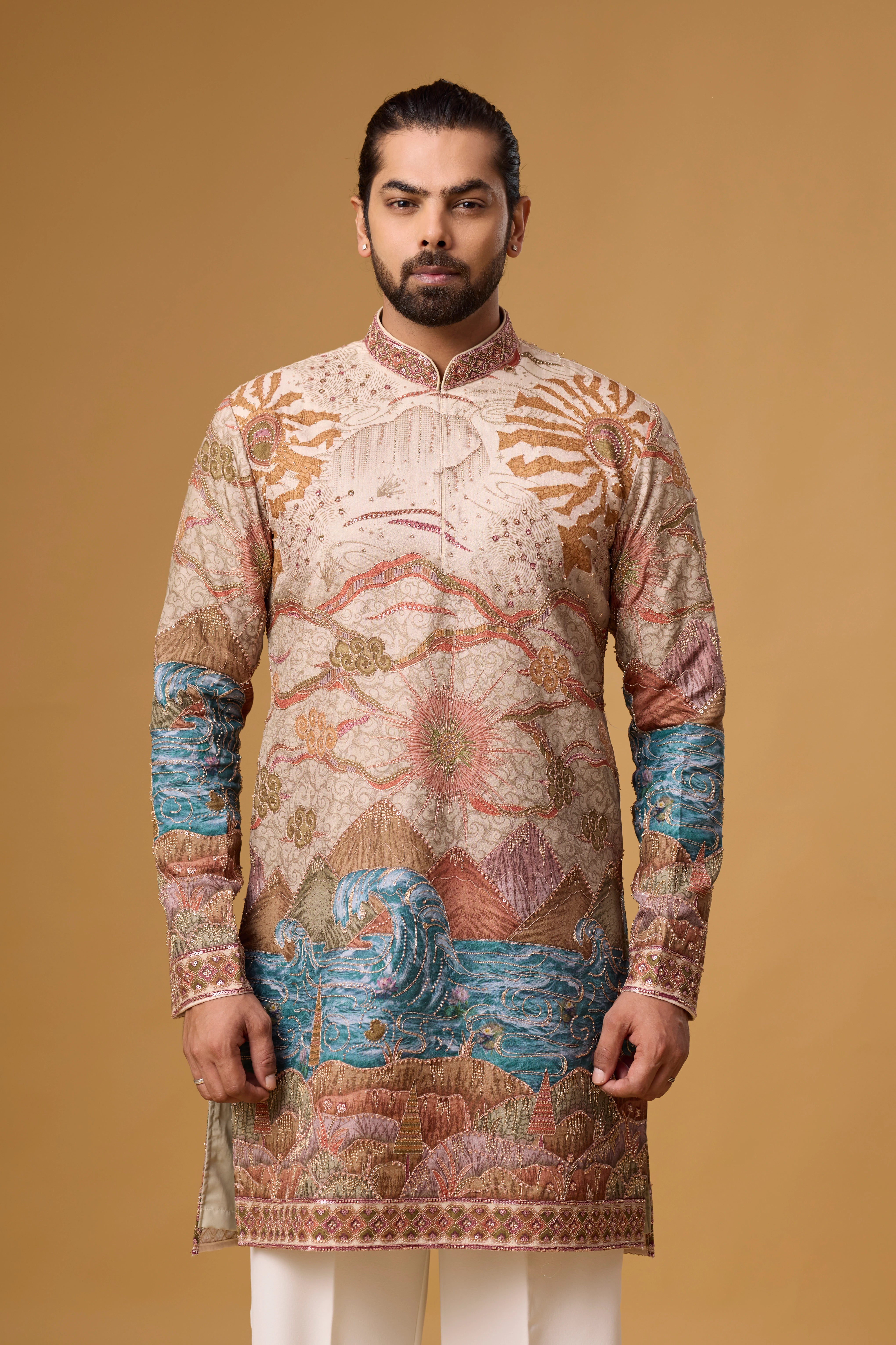 Cream Regal Scenic Patterned Kurta Set