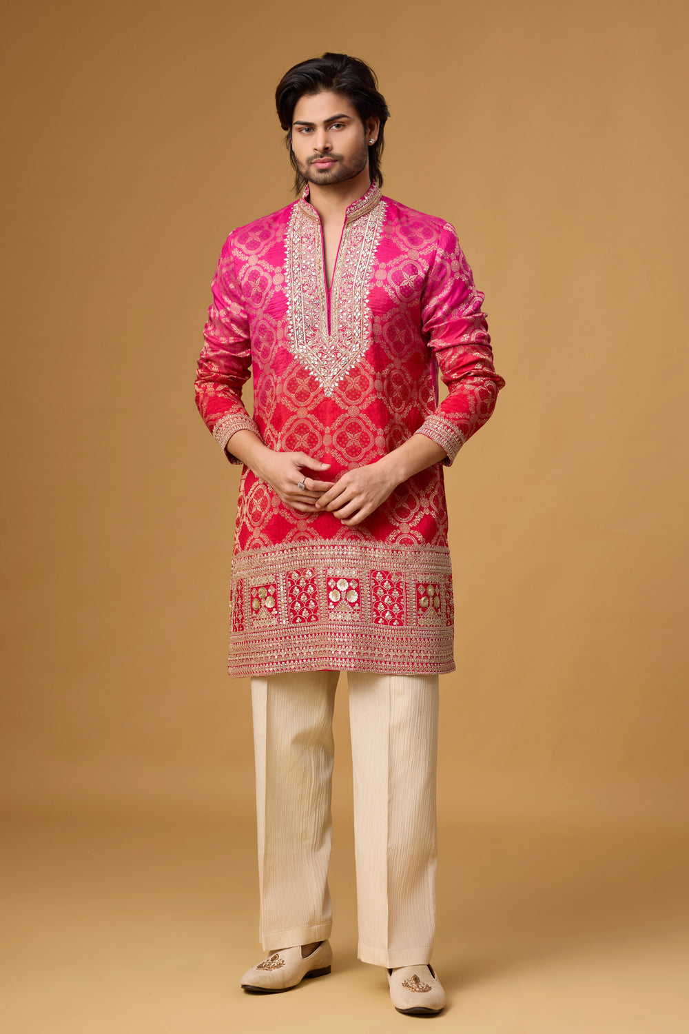 Luxury Pink Brocade Kurta Pajama Set for Men | Mahavir NX