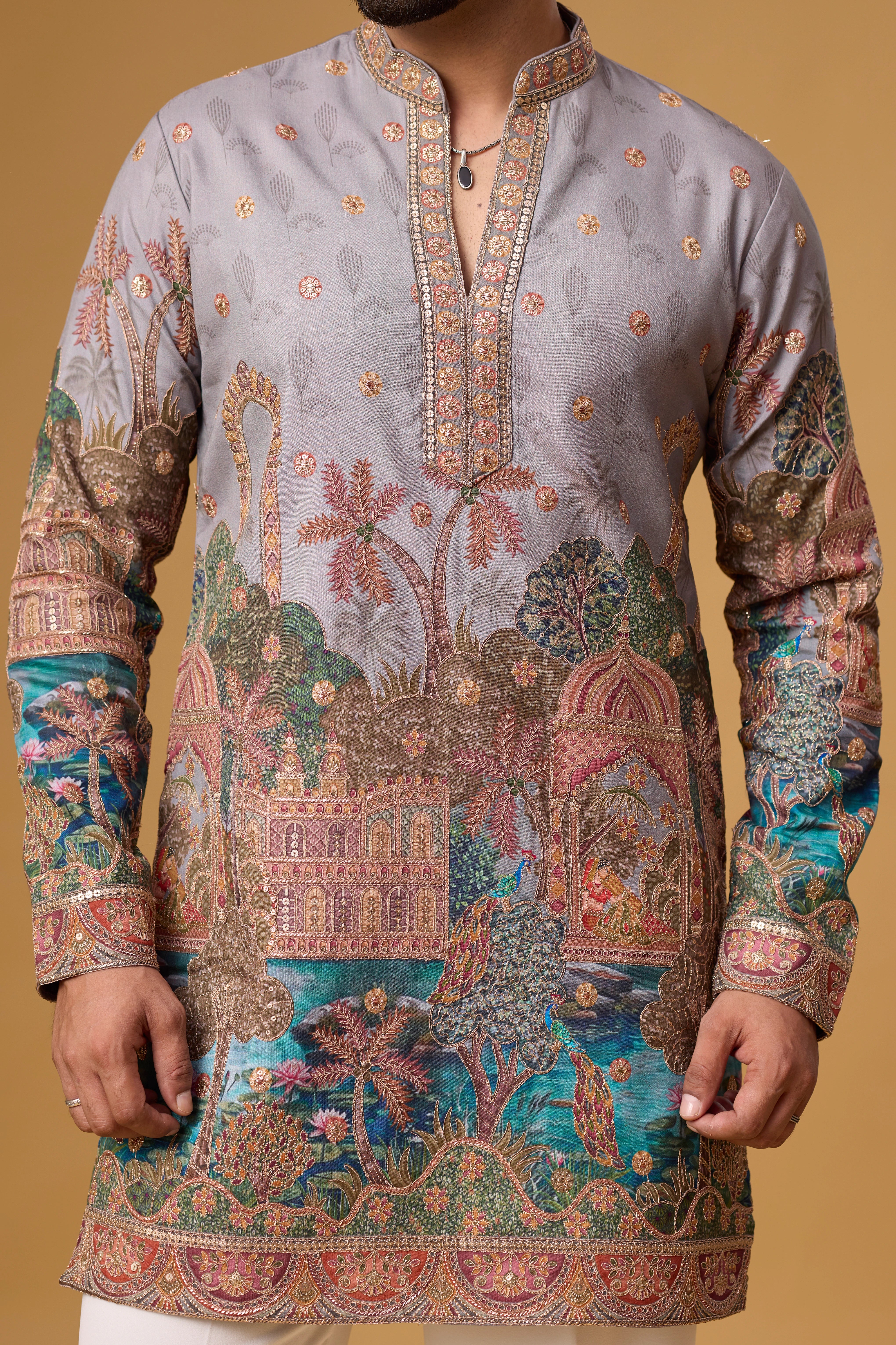 Lavender Grey Regal Heritage Scenic Kurta Set