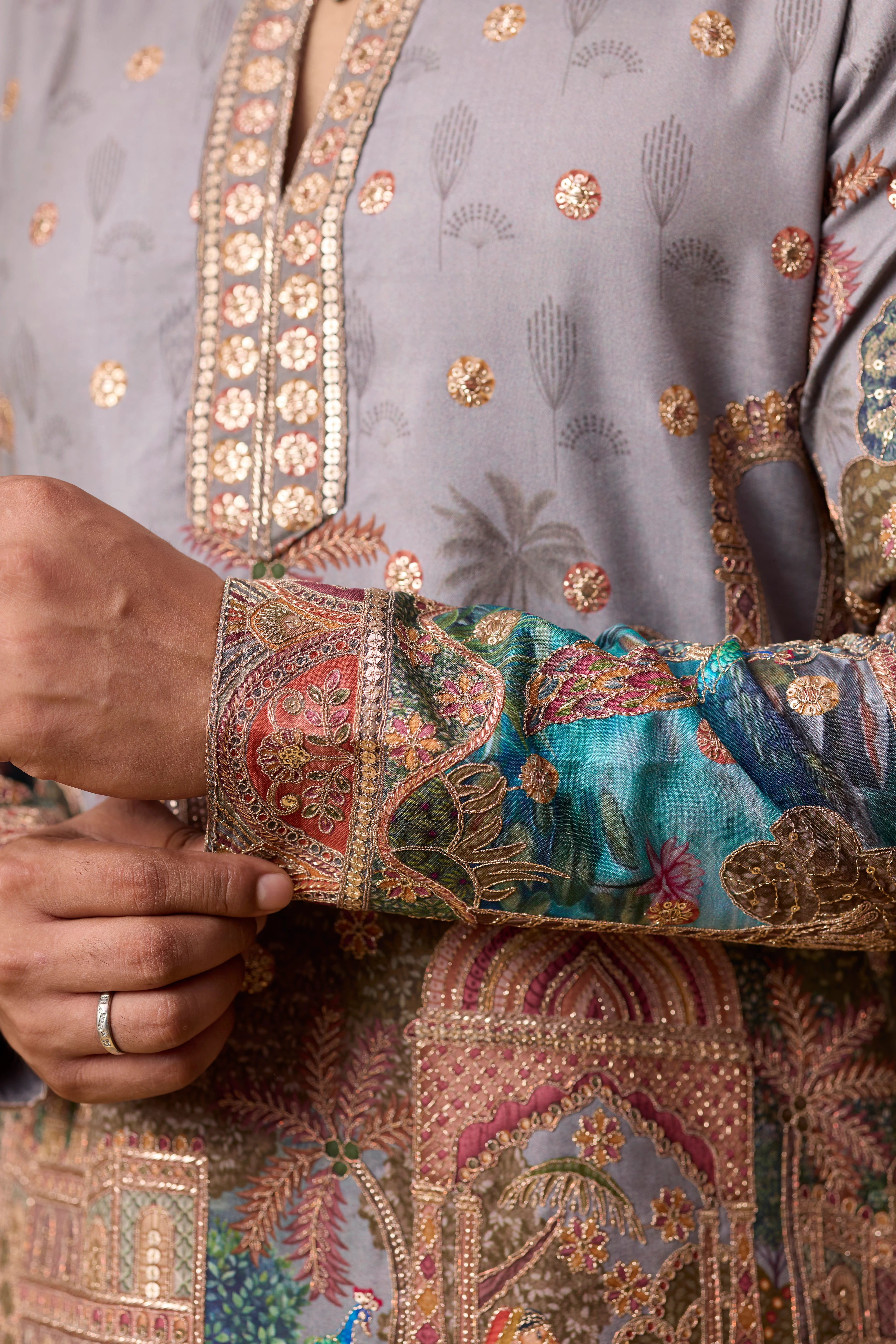 Lavender Grey Regal Heritage Scenic Kurta Set