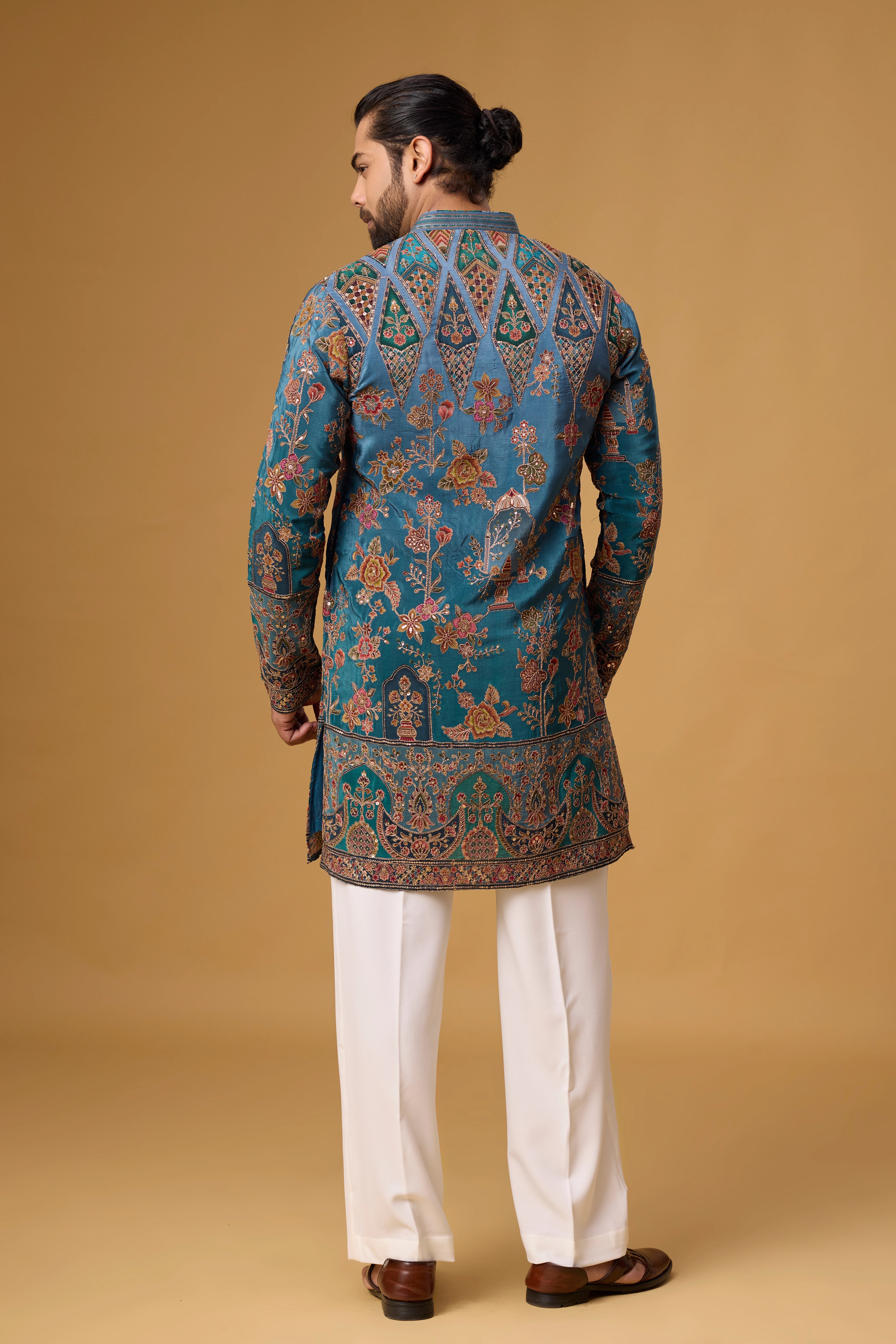 Regal Teal Floral Heritage Embroidered Kurta Set