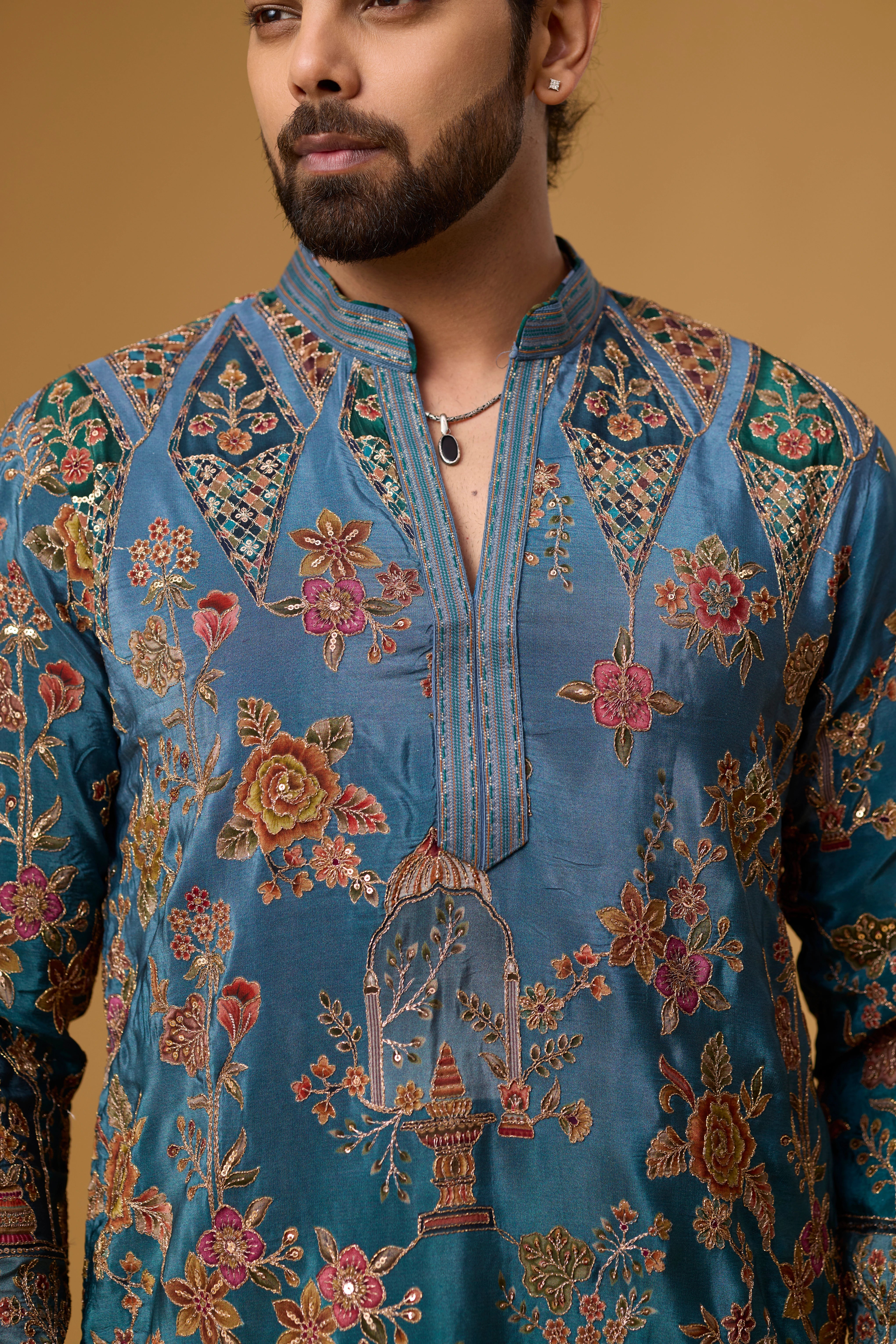Regal Teal Floral Heritage Embroidered Kurta Set