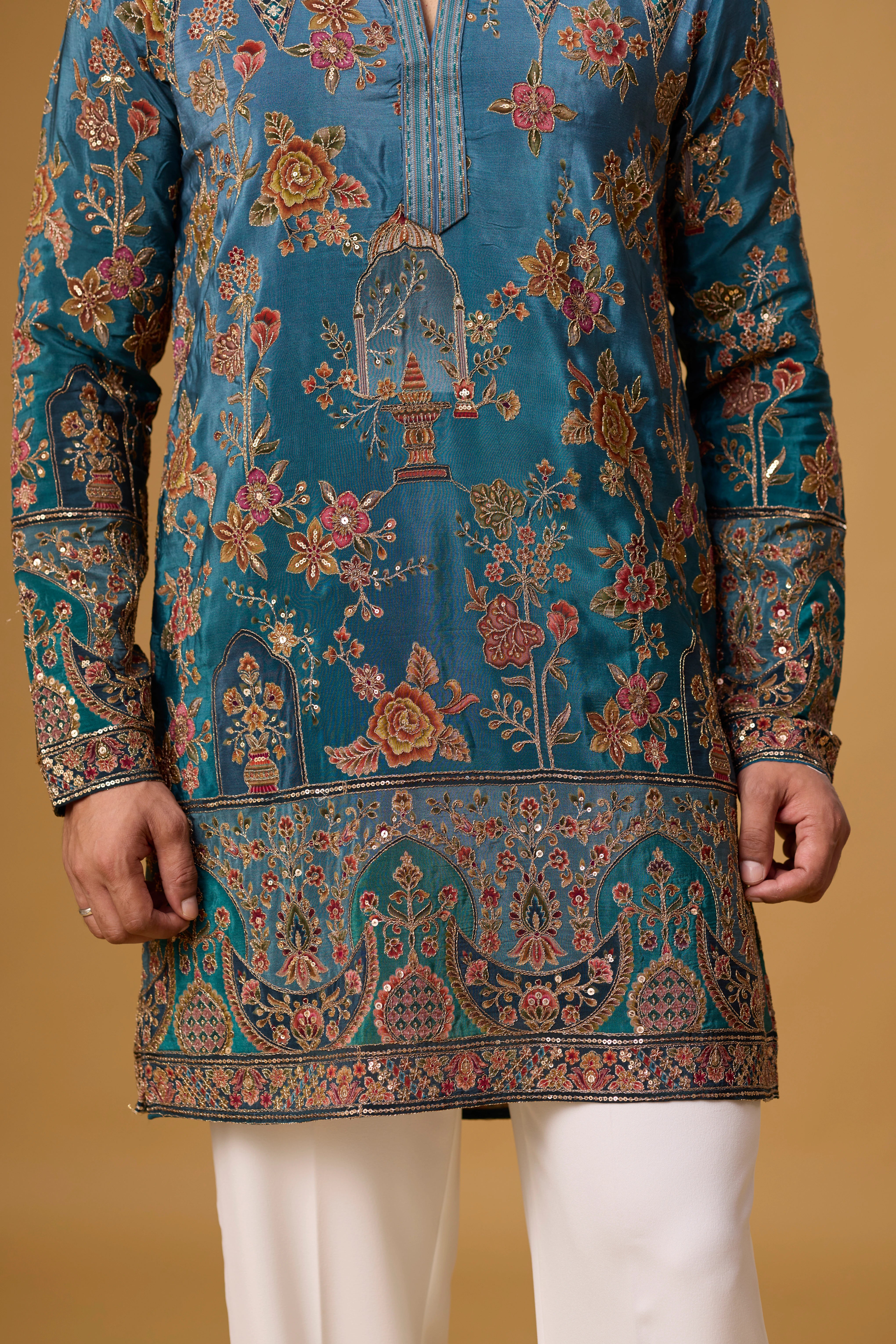 Regal Teal Floral Heritage Embroidered Kurta Set