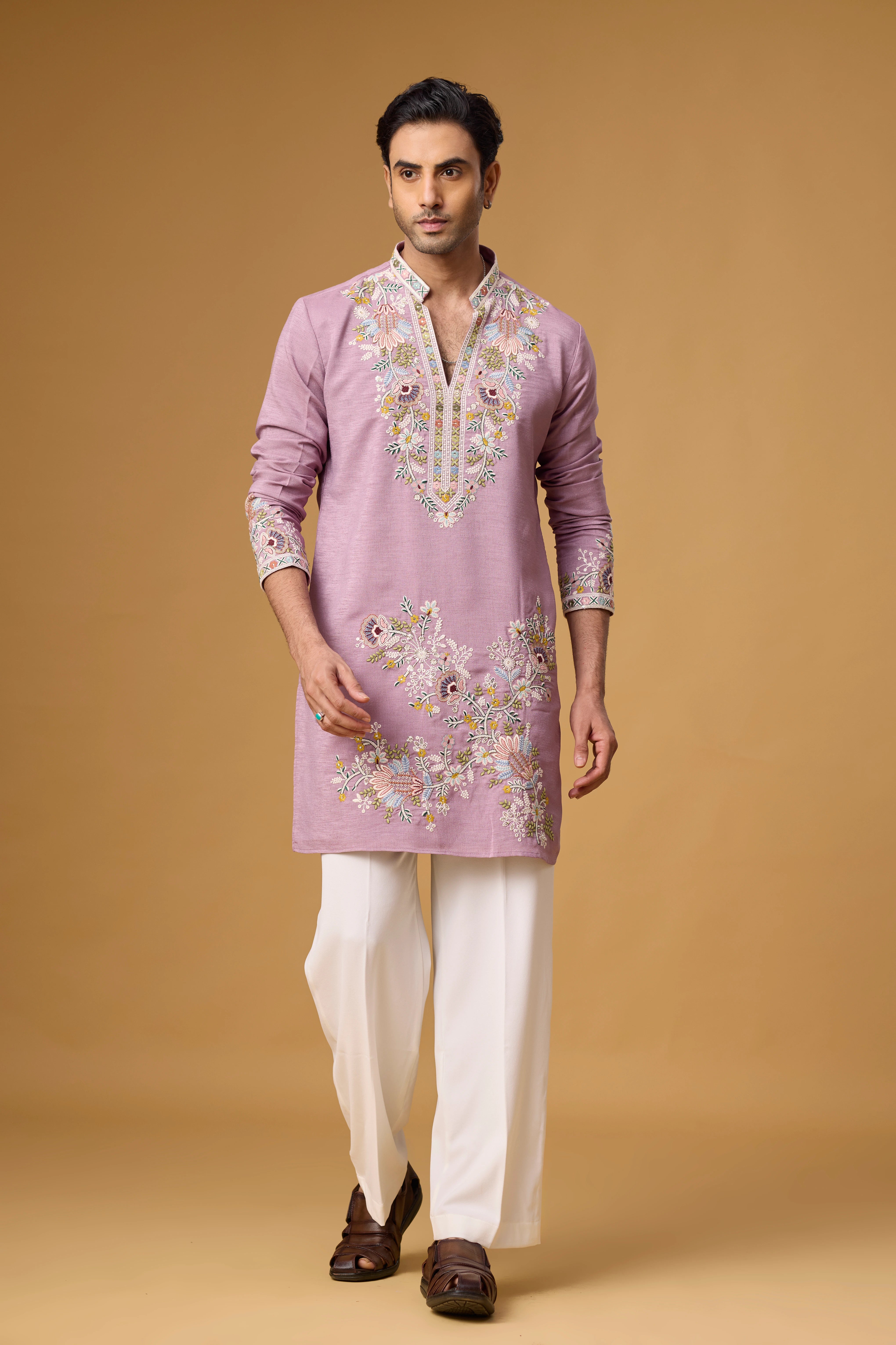 Lavender Heritage Floral Embroidered Kurta Set