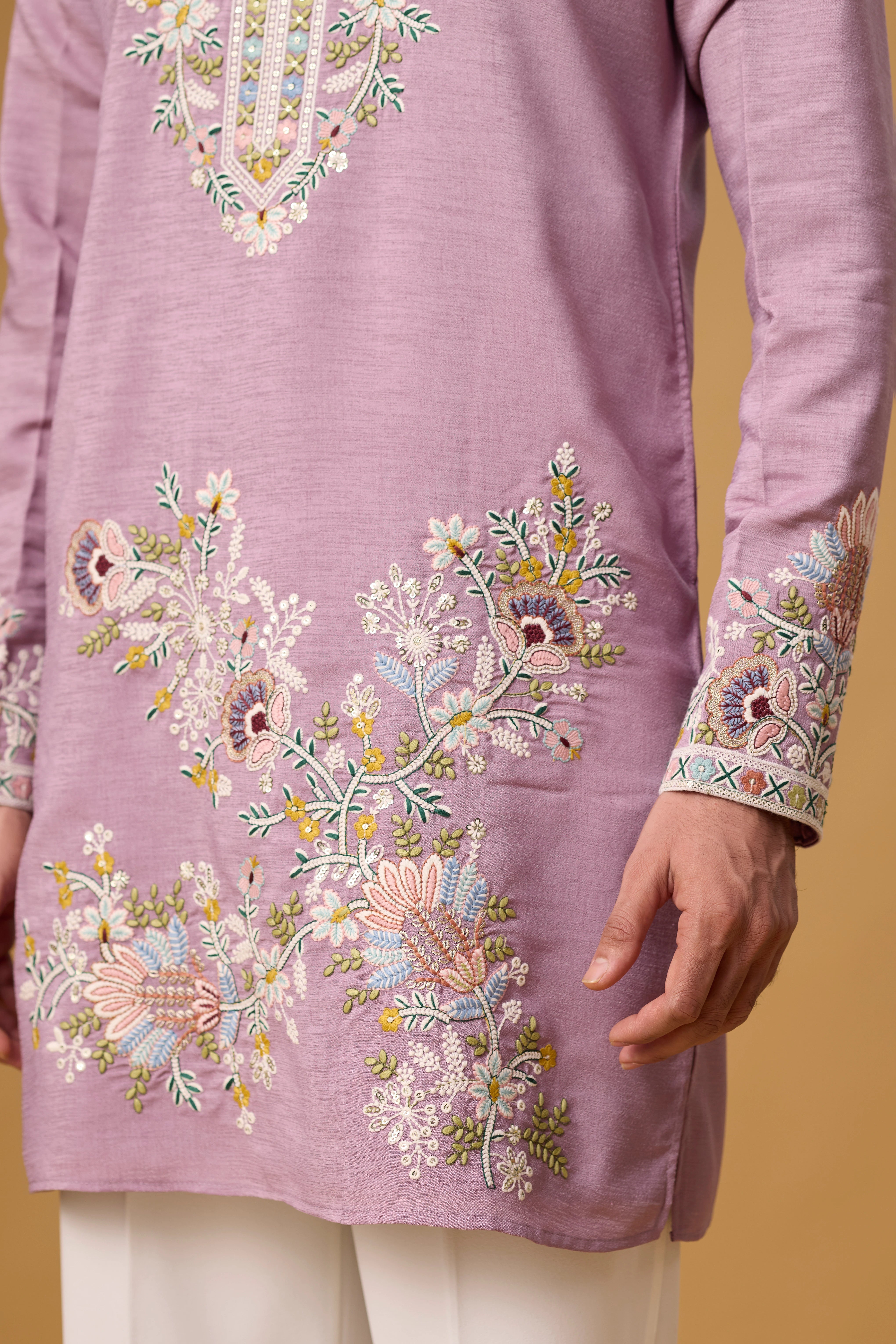 Lavender Heritage Floral Embroidered Kurta Set
