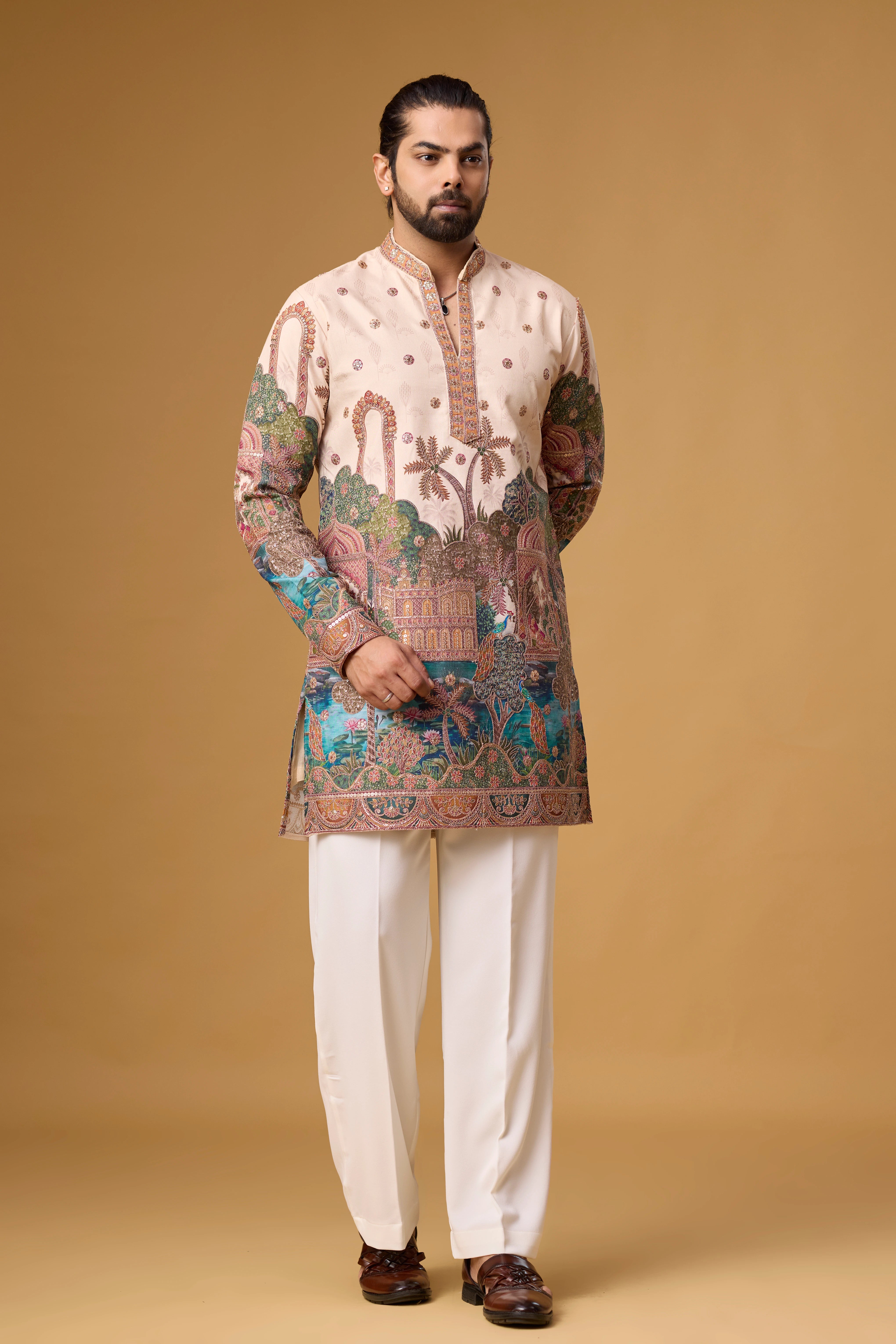 Cream Heritage Scenic Art Kurta Set