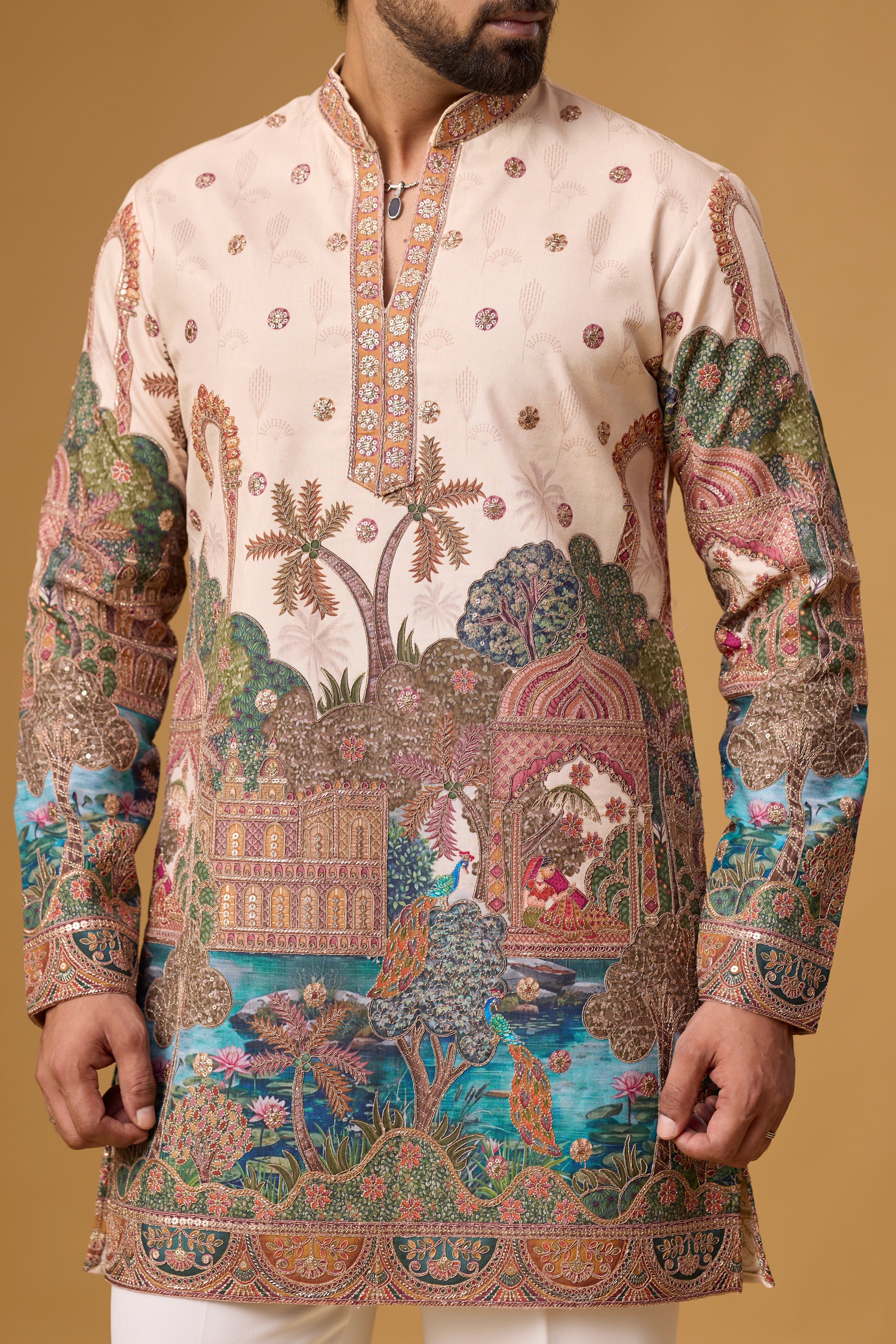 Cream Heritage Scenic Art Kurta Set