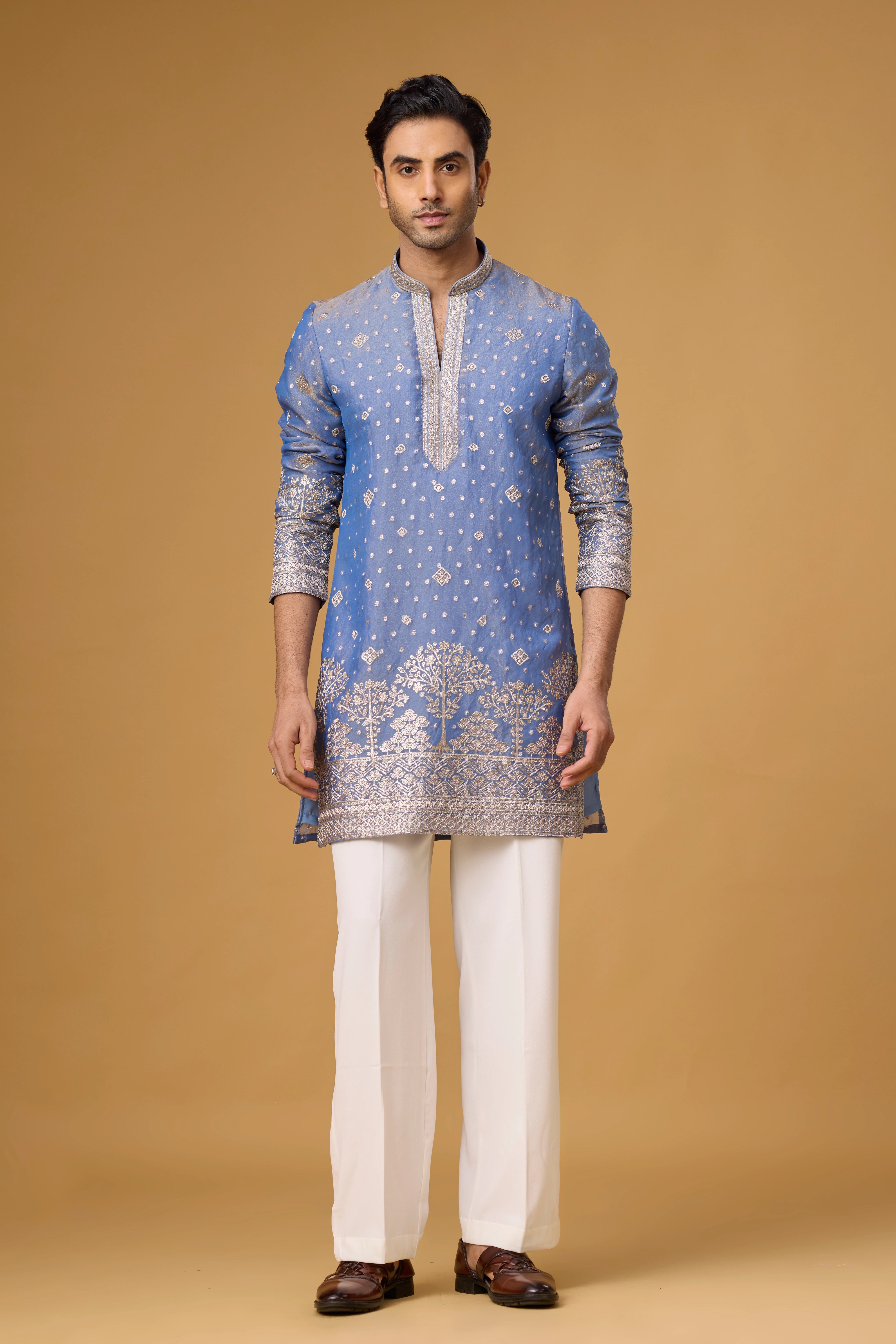 Regal Powder Blue Tree Motif Embroidered Kurta Set for Men | Mahavir NX