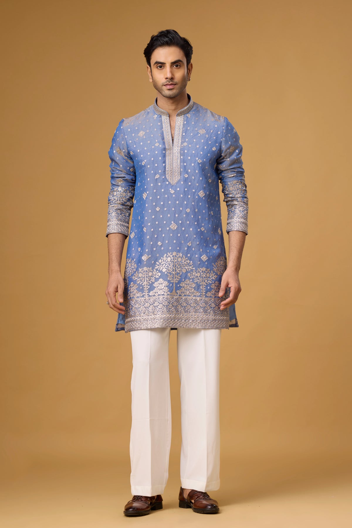 Regal Powder Blue Tree Motif Embroidered Kurta Set for Men | Mahavir NX