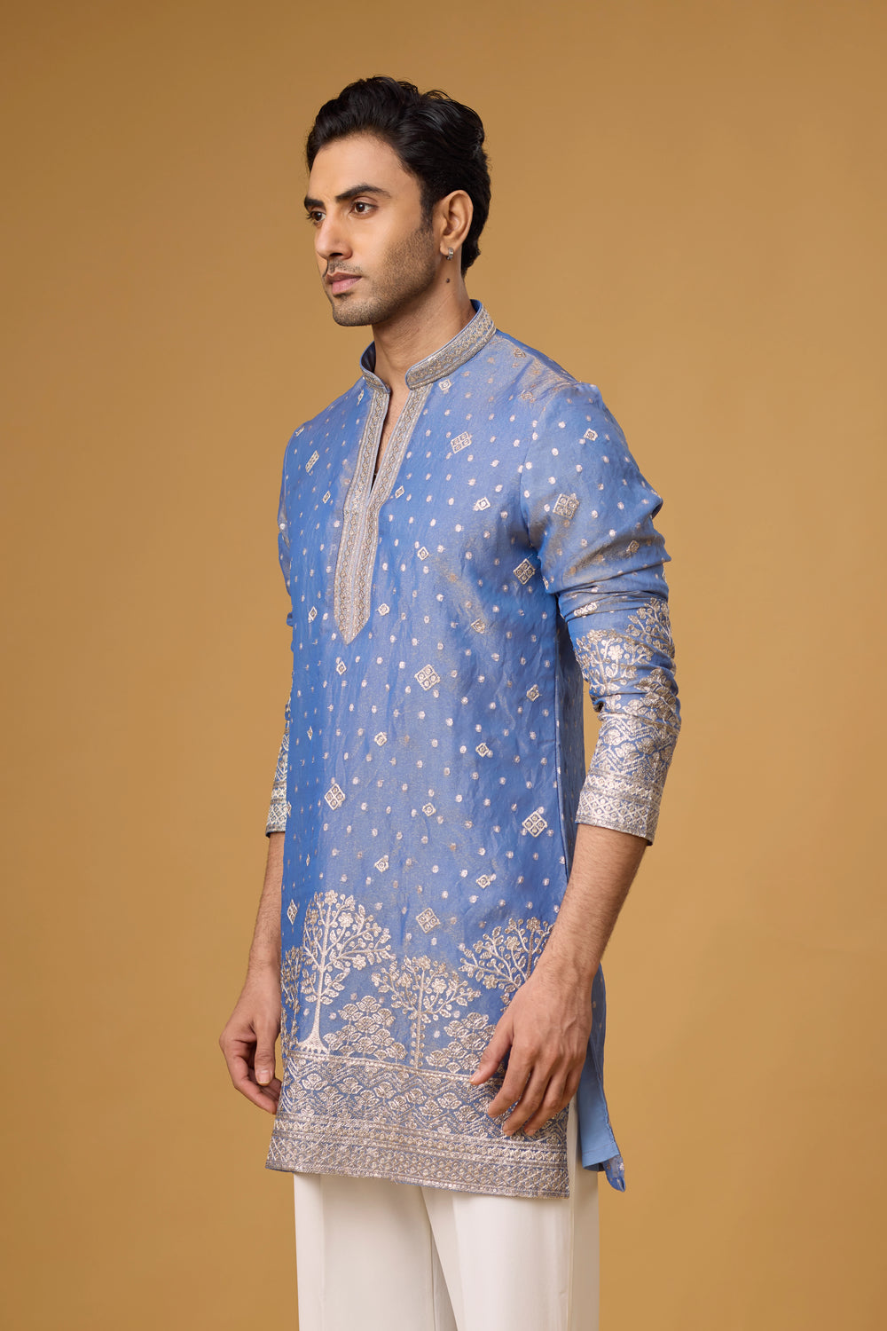 Powder Blue Tree Motif Kurta Set for Men – Wedding Wear | Mahavir NX