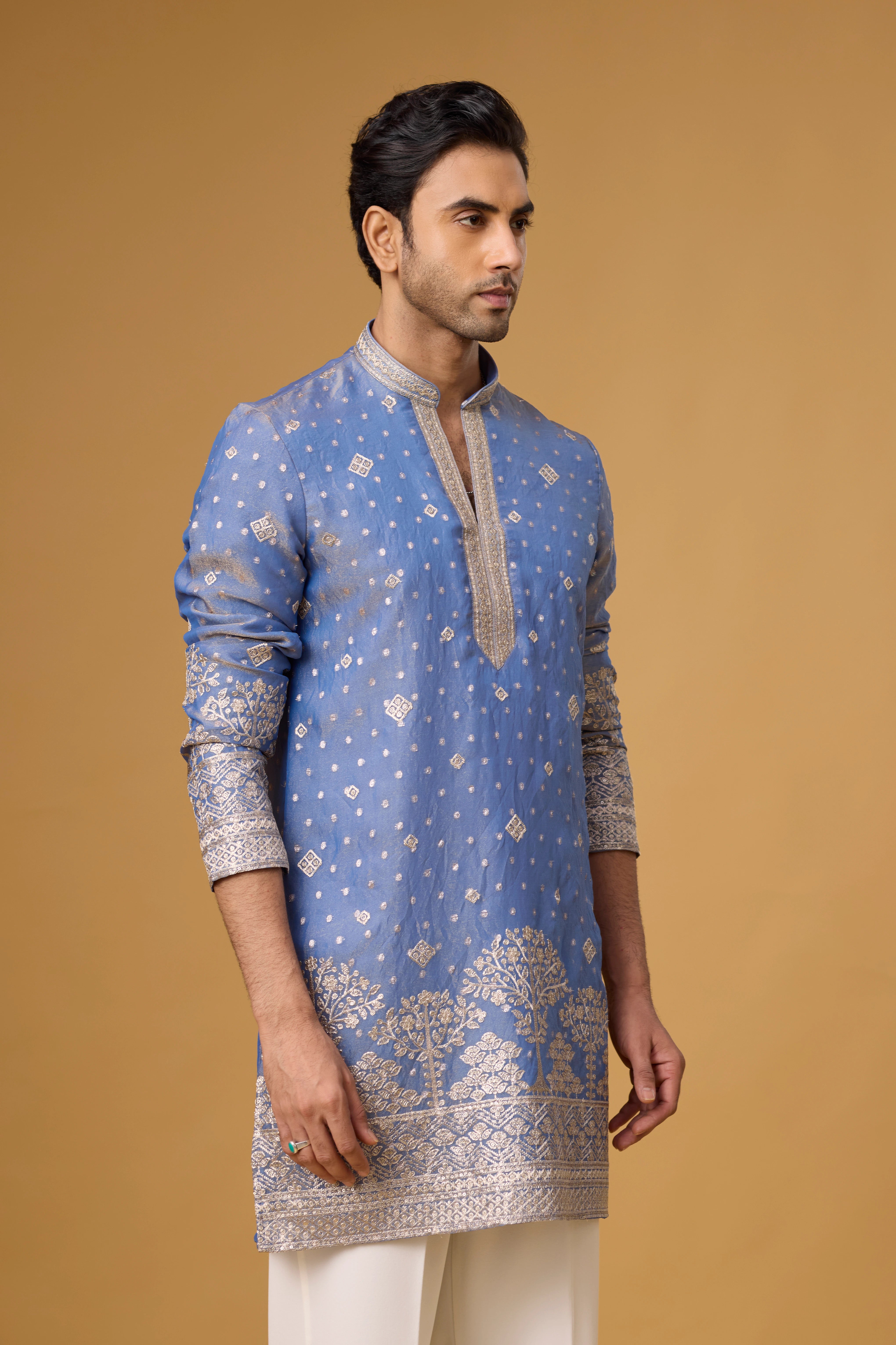 Buy Light Blue Embroidered Kurta Set for Men Online India | Mahavir NX