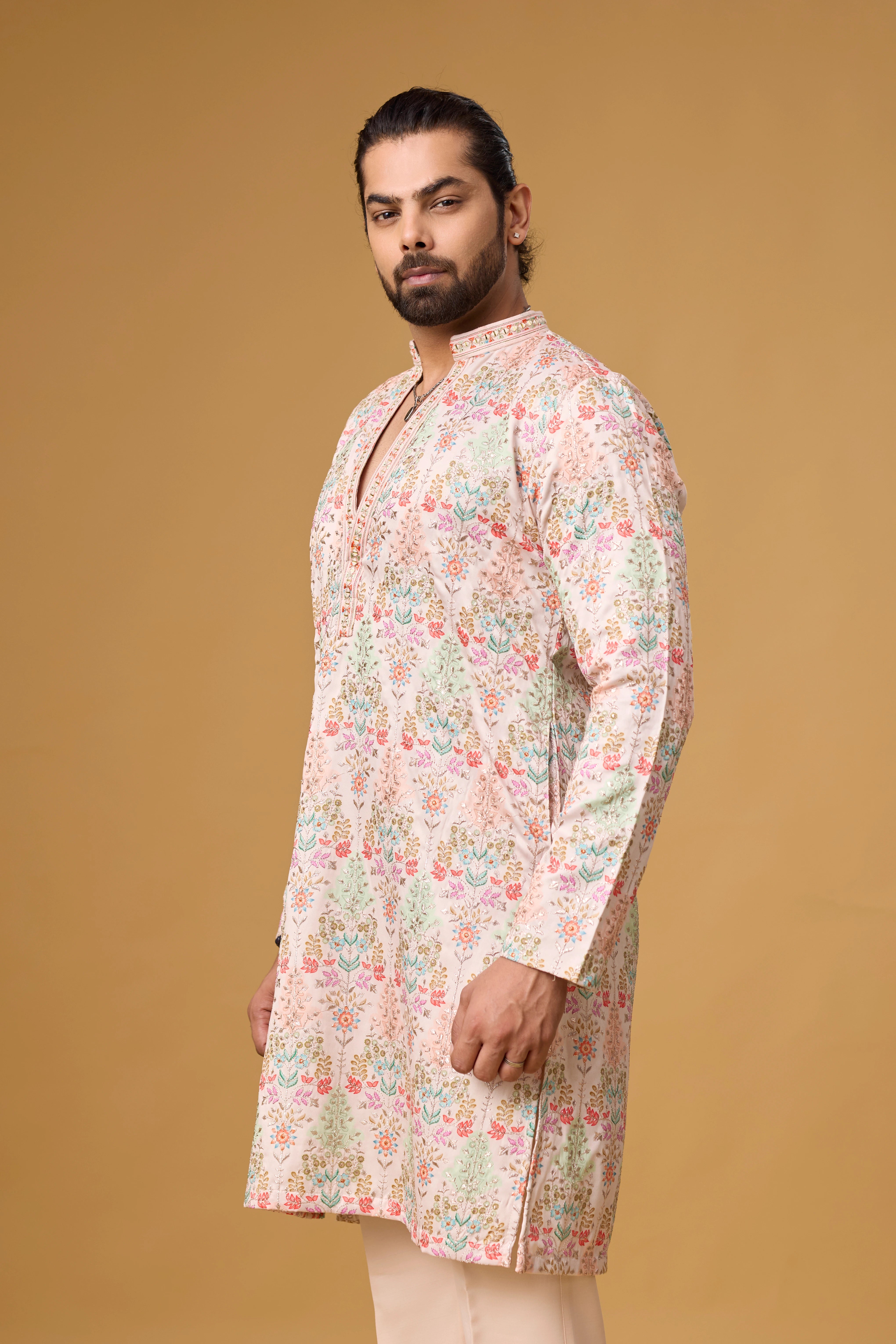 V Neck Floral Kurta Pajama Set for Men – Front View | Mahavir NX