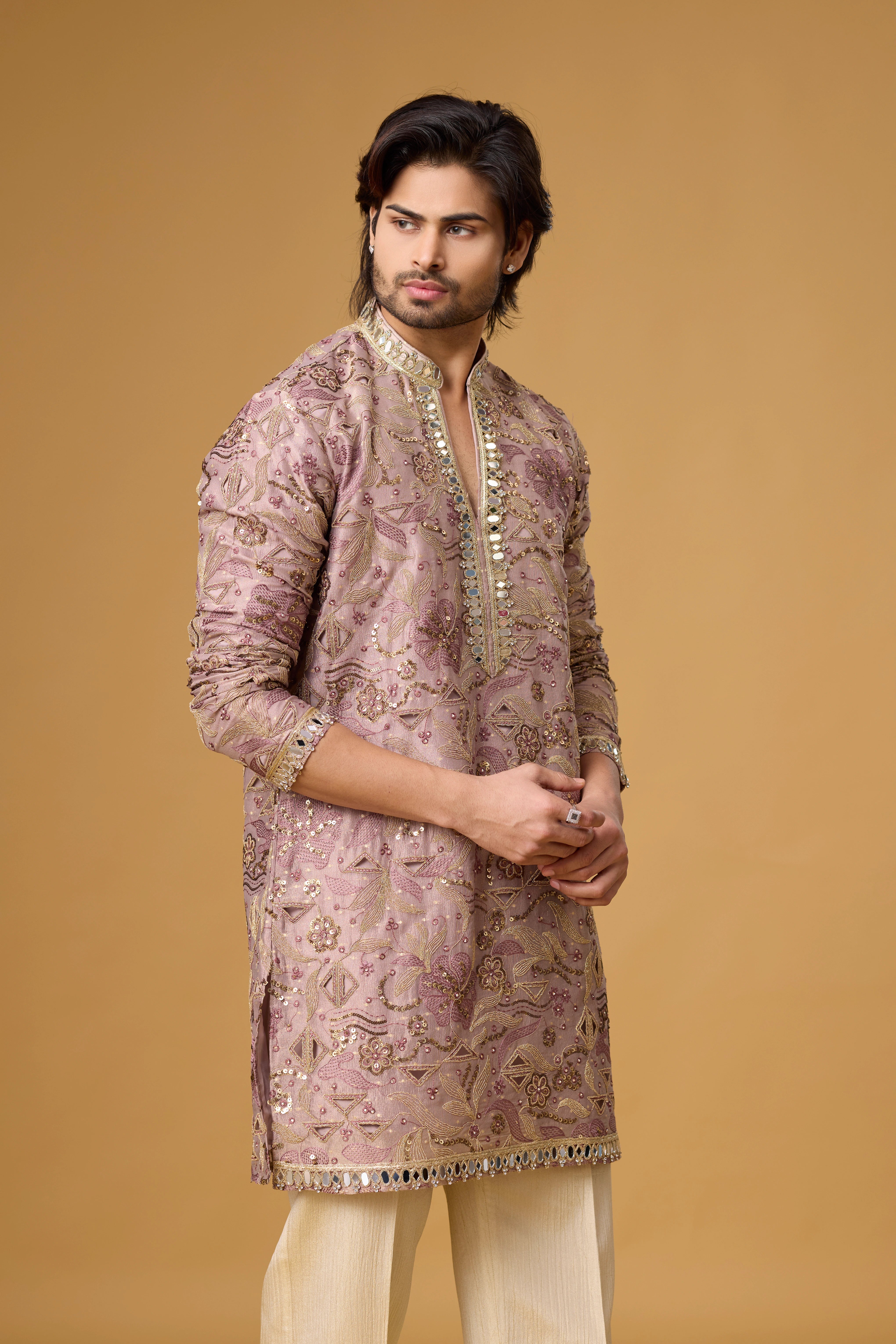 Dusty Rose Ornamental Kurta Pajama Set for Men – Front View | Mahavir NX
