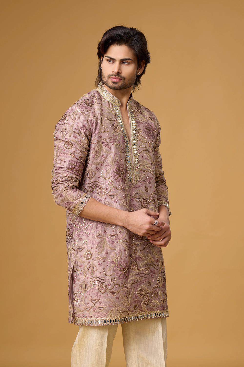 Dusty Rose Ornamental Kurta Pajama Set for Men – Front View | Mahavir NX
