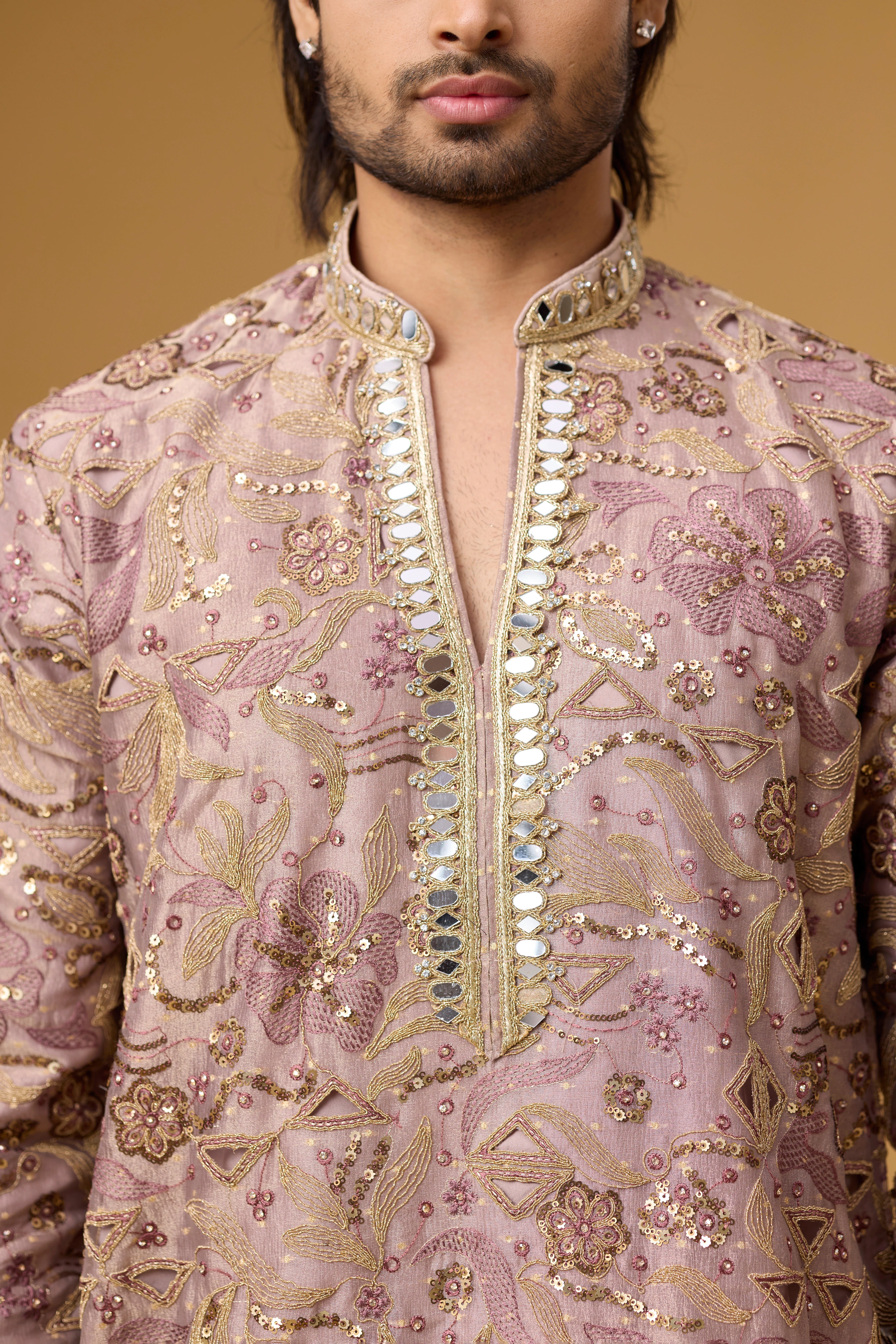 Dusty Rose Zari Kurta Set – Full Length View | Mahavir NX