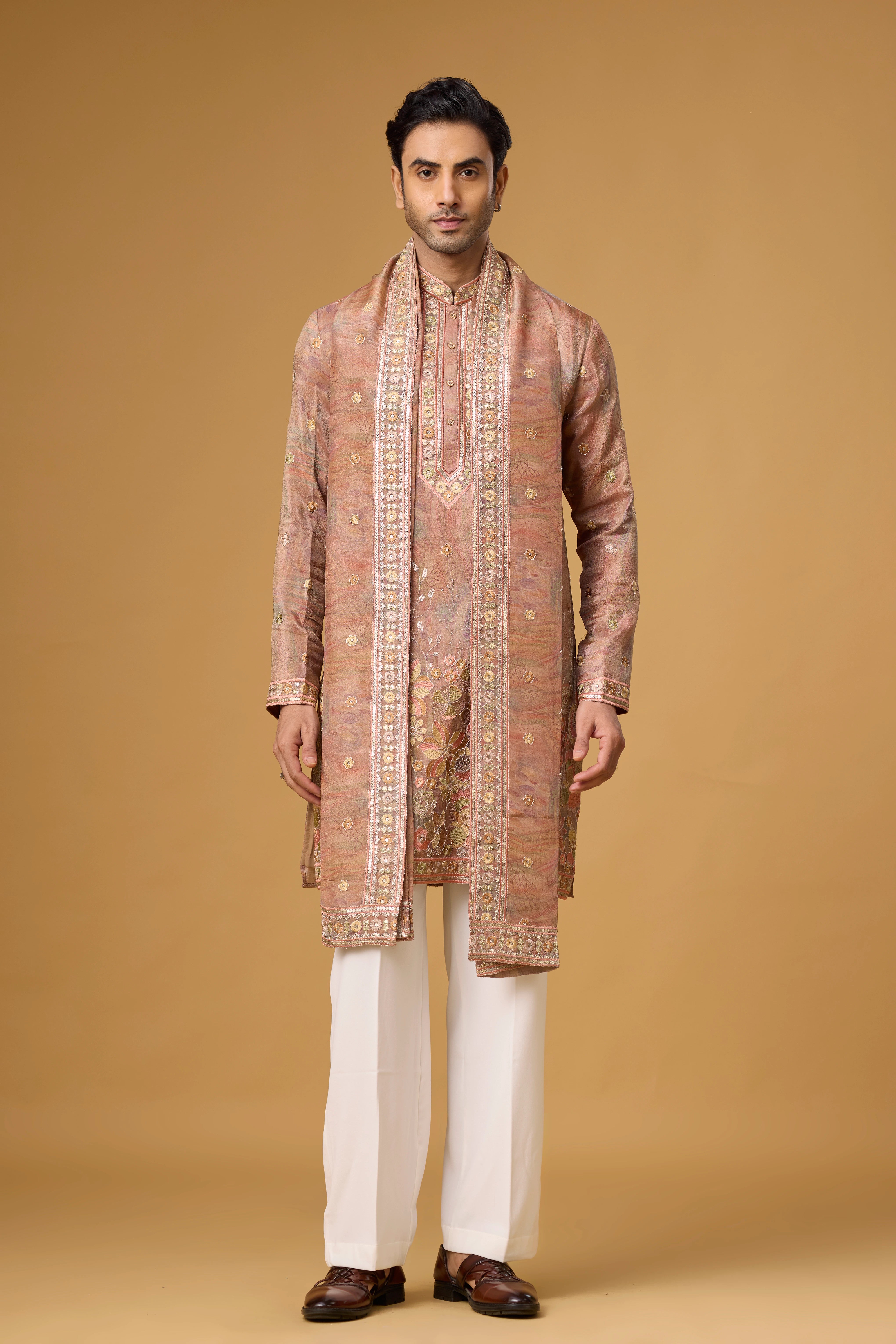 Champagne Blush Floral Border Kurta Set for Men | Mahavir NX