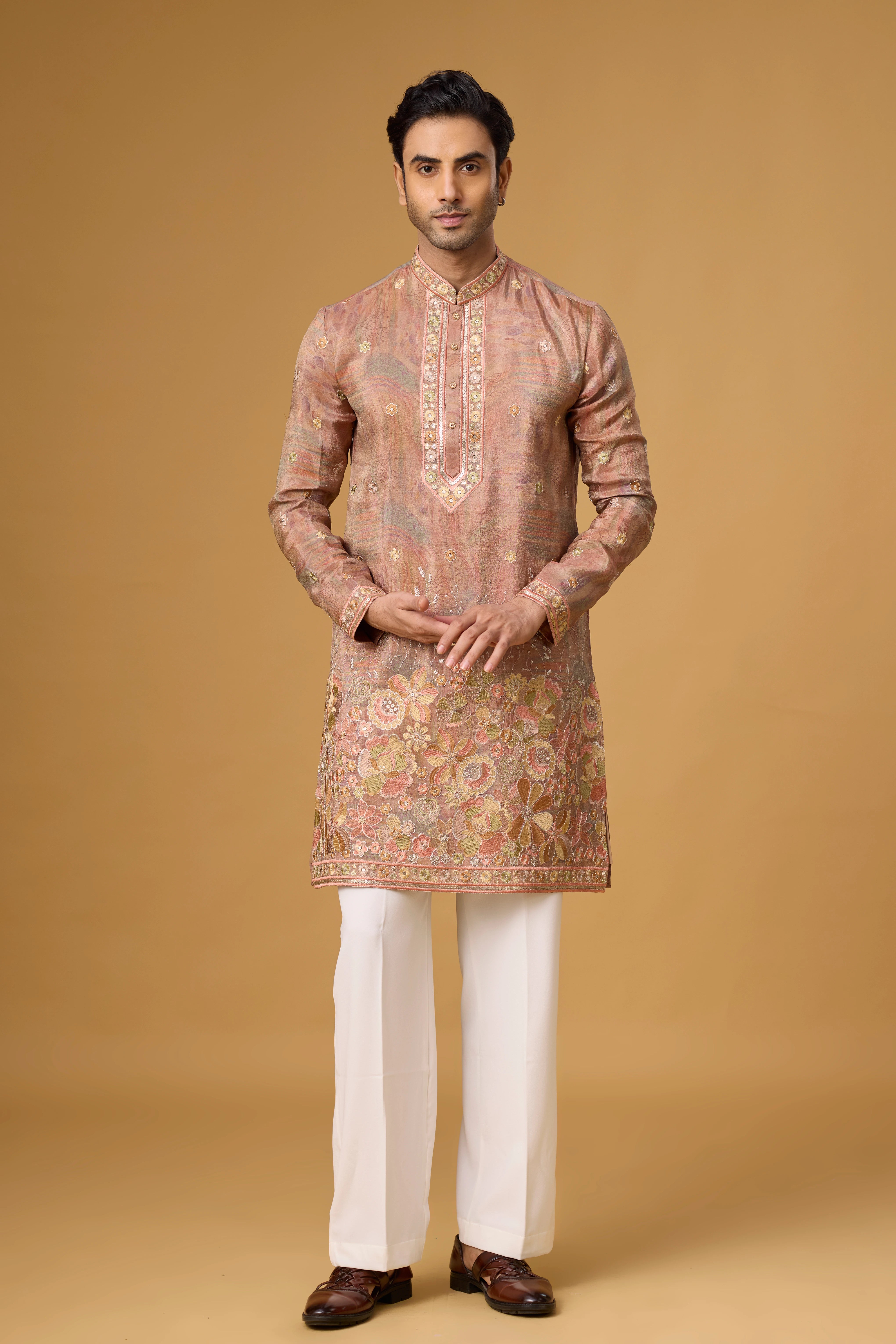 Blush Champagne Kurta Pajama Set for Men – Front View | Mahavir NX
