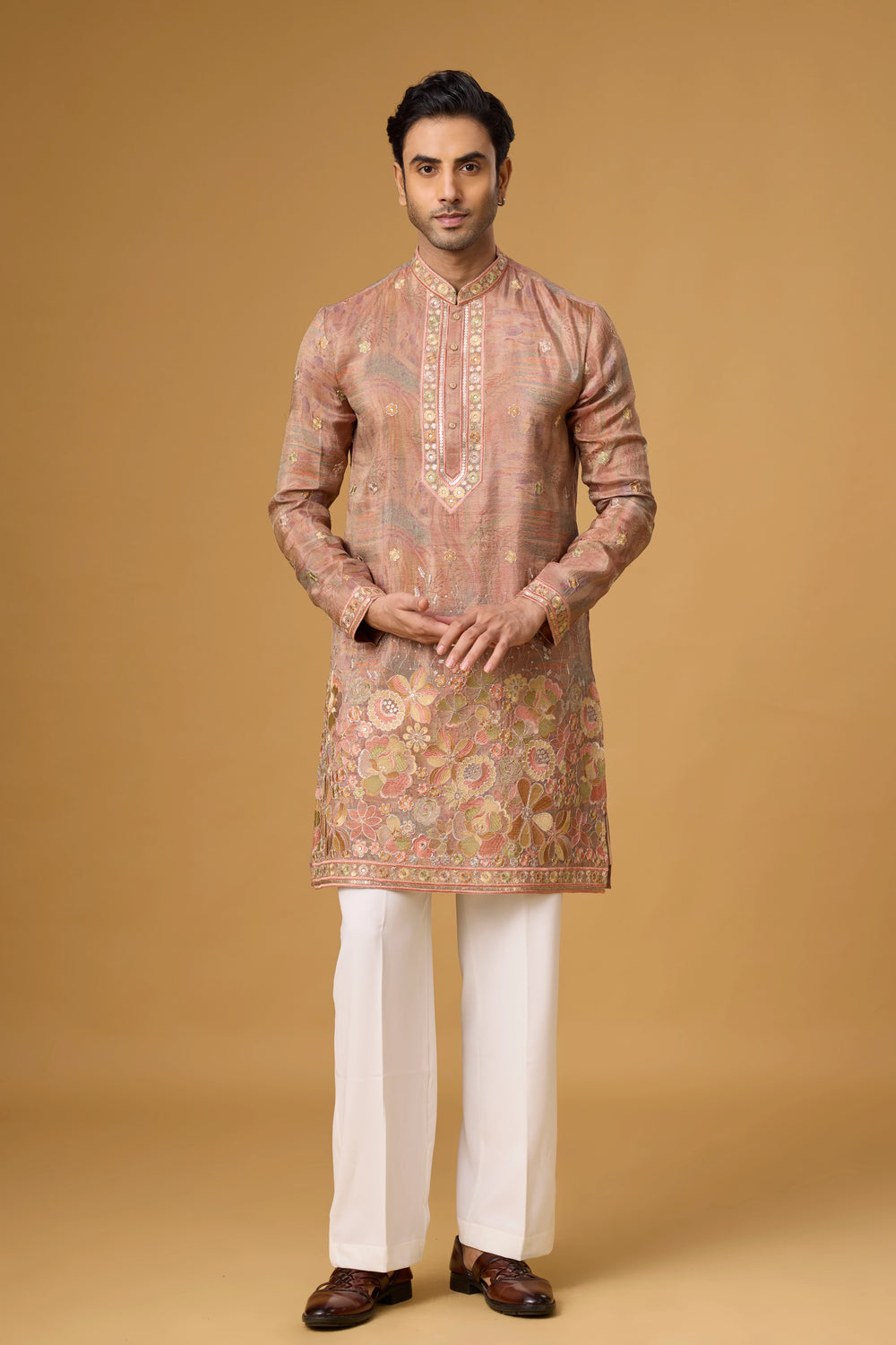 Blush Champagne Kurta Pajama Set for Men – Front View | Mahavir NX