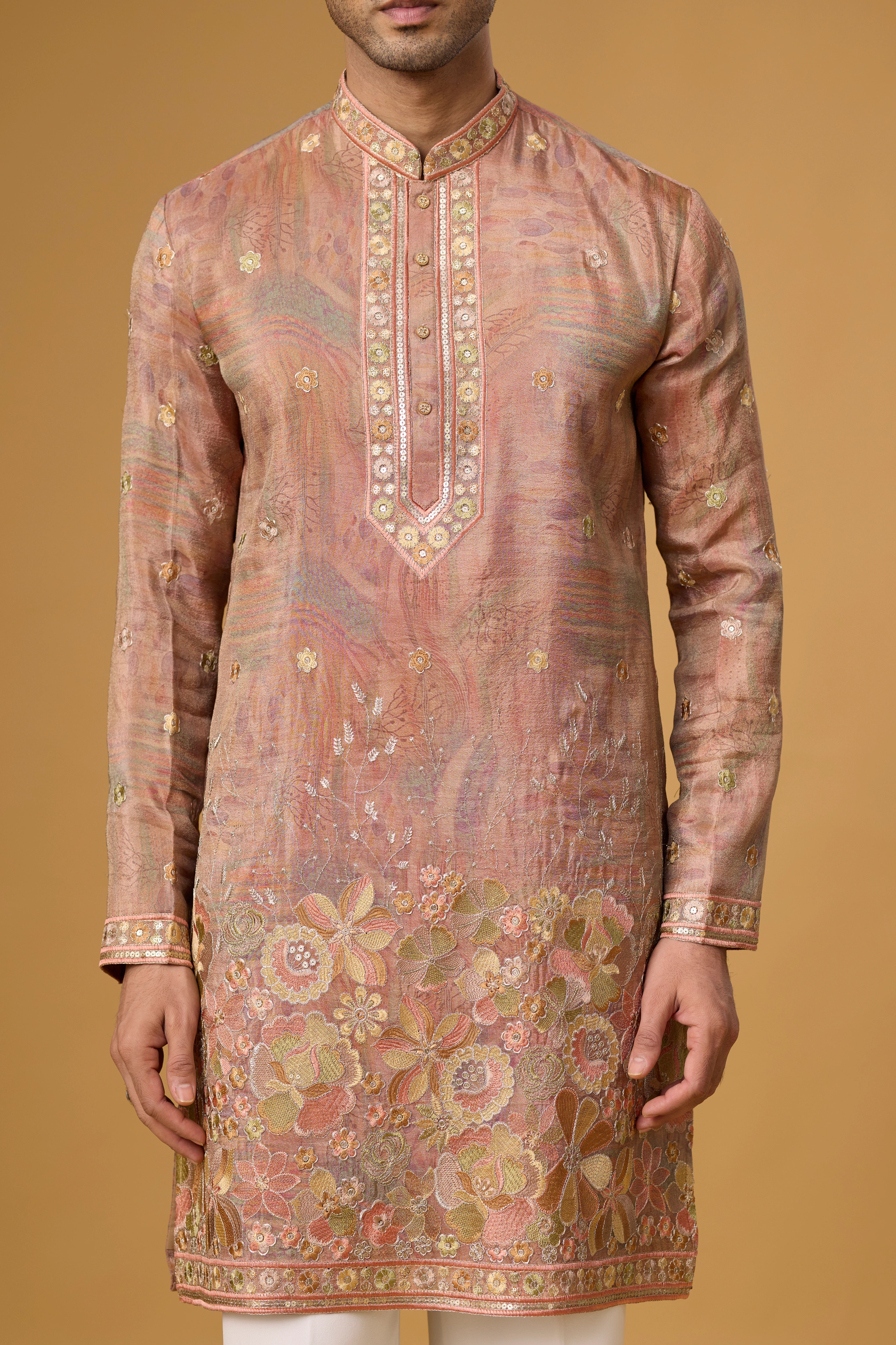 Designer Champagne Kurta Set for Men – Side View | Mahavir NX