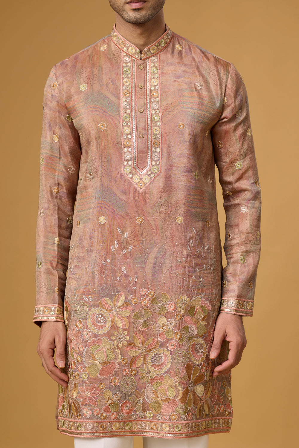 Designer Champagne Kurta Set for Men – Side View | Mahavir NX