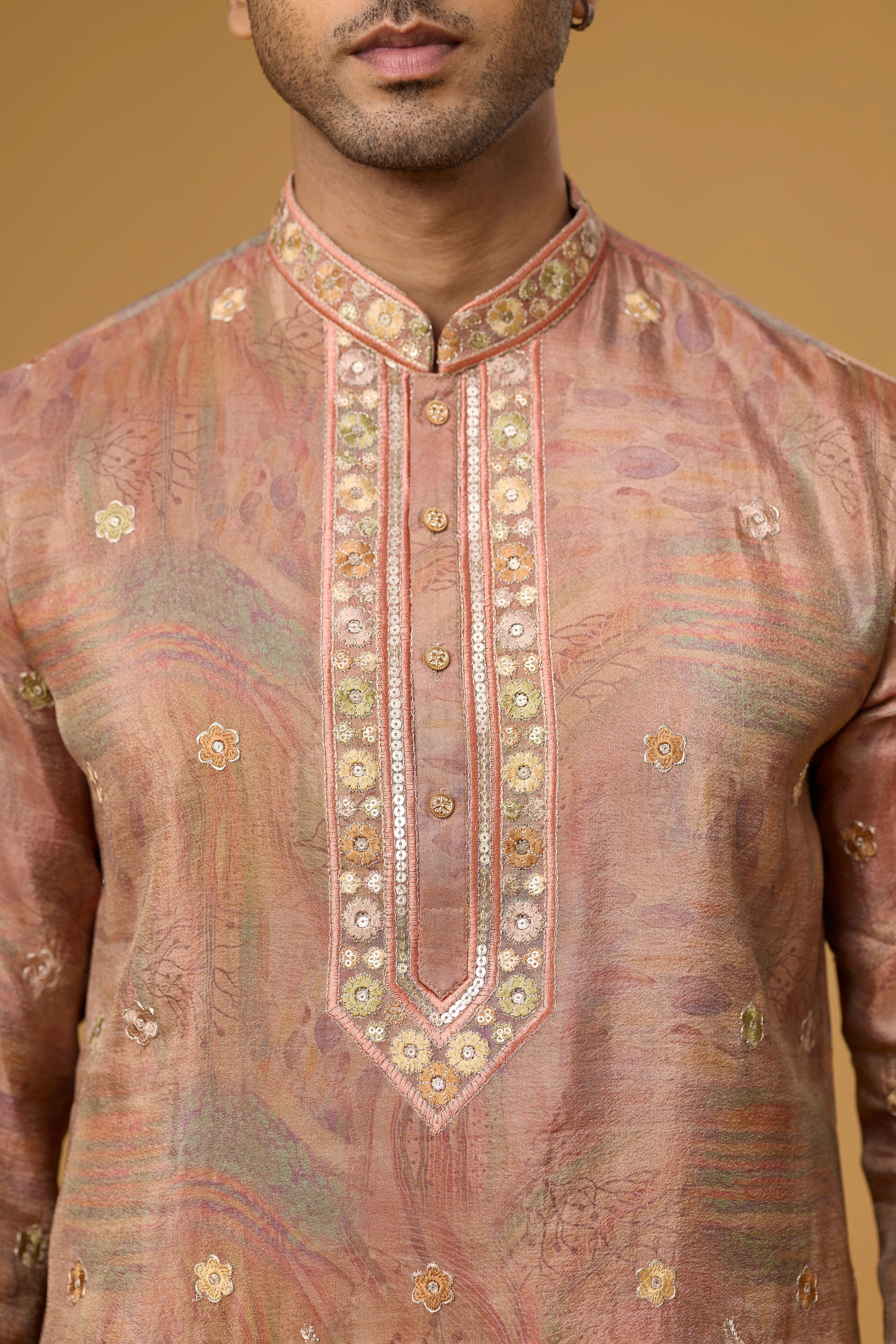 Champagne Blush Floral Kurta Set for Men – Full Length View | Mahavir NX